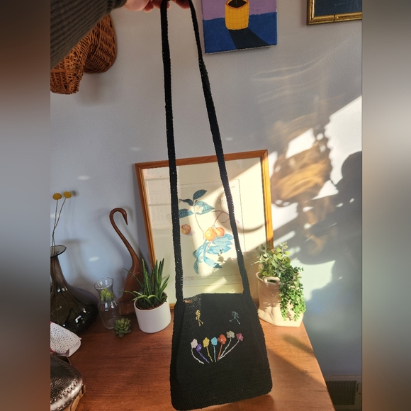 Flower Embroidered Black Crochet Crossbody Bag - Picture 2 of 5